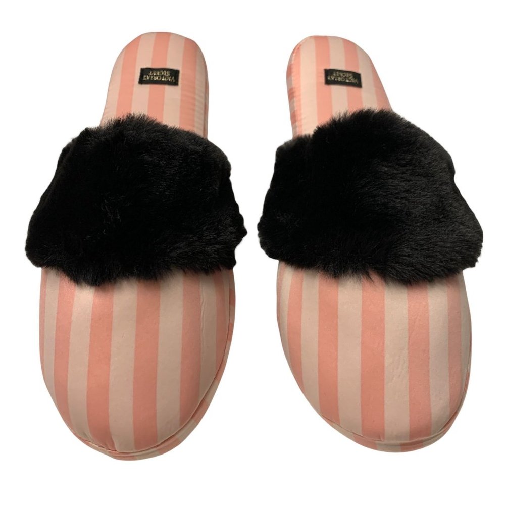NIB Victoria's Secret Striped Faux Fur Slippers Travel Bag Pom Pom Purse… - Picture 3 of 5
